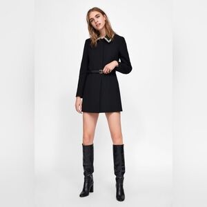 ZARA Black Fitted Belted Blazer Frock Coat with Pearl Laced Lapels - Size XS